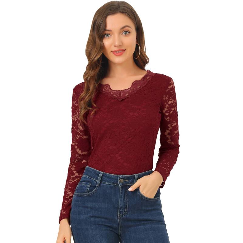 アレグラ ケー レディース トップス シャツ フラワー柄 シアー ブラウス レース フラワー ALLEGRA K Women's Floral Embroidery Sheer Long Sleeves Lace Blouse Top Burgundy バーガンディ