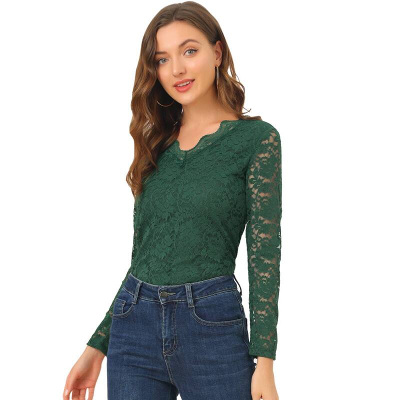 アレグラ ケー レディース トップス シャツ フラワー柄 シアー ブラウス レース フラワー ALLEGRA K Women's Floral Embroidery Sheer Long Sleeves Lace Blouse Top Dark Green グリーン 10,980円
