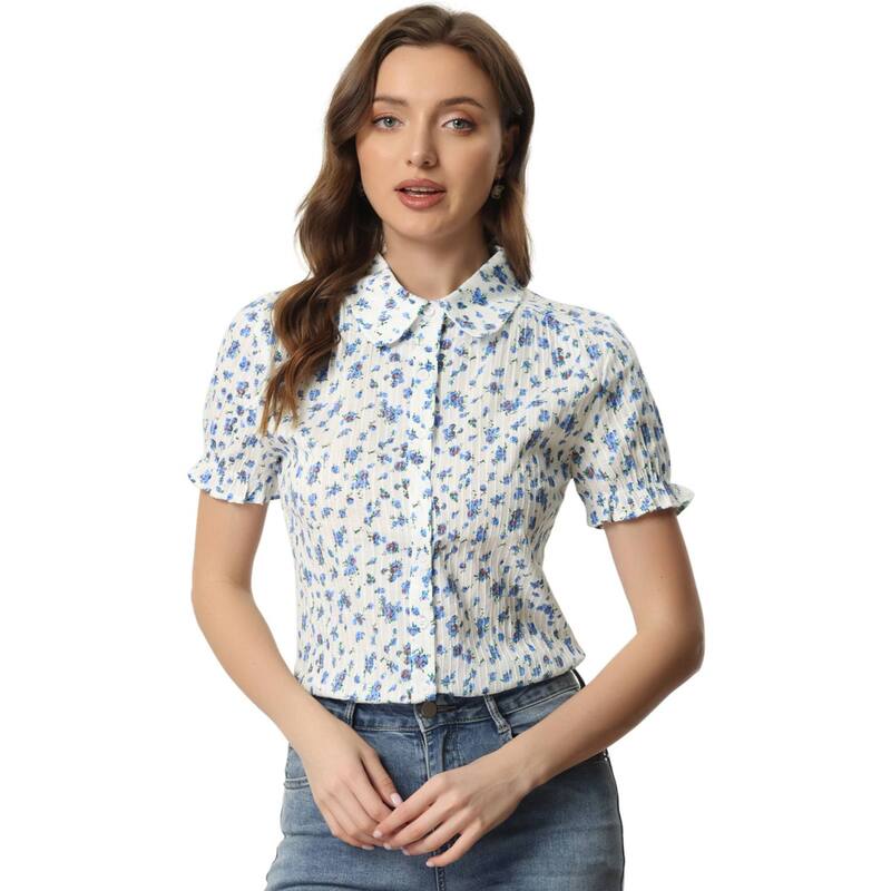 アレグラ ケー レディース トップス シャツ フラワー柄 コットン フラワー ALLEGRA K Women's Floral Topeter Pan Collar Cotton Short Sleeve Shirt Blue ブルー