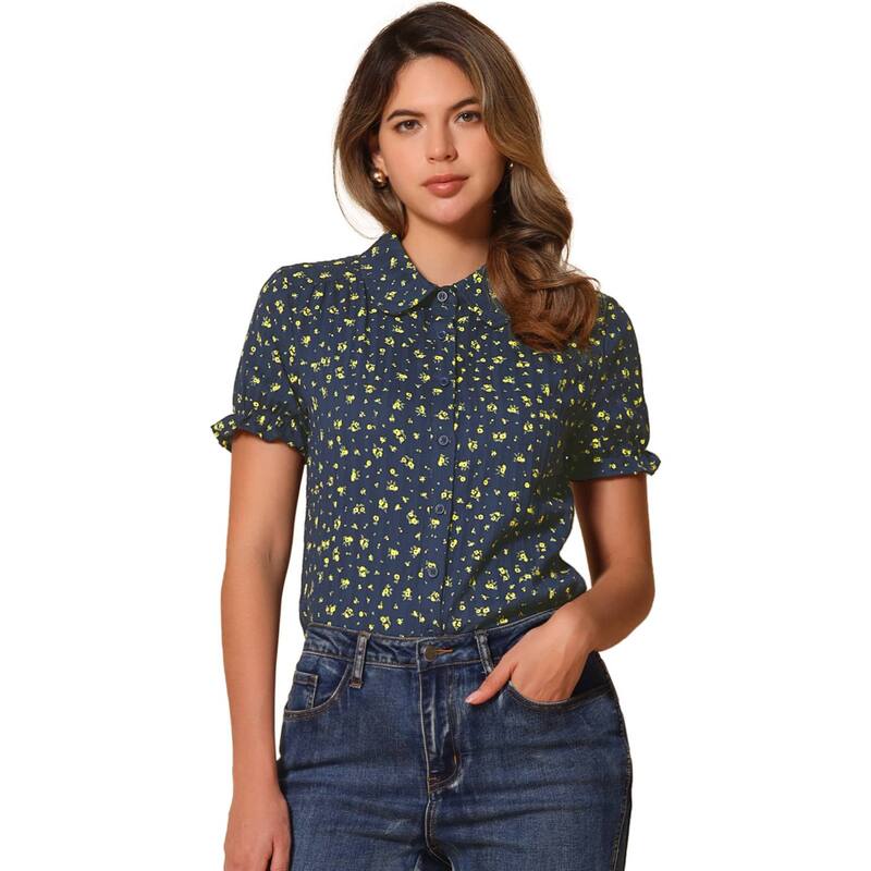 アレグラ ケー レディース トップス シャツ フラワー柄 コットン フラワー ALLEGRA K Women Floral Topeter Pan Collar Cotton Short Sleeve Shirt Dark Blue Floral ブルー