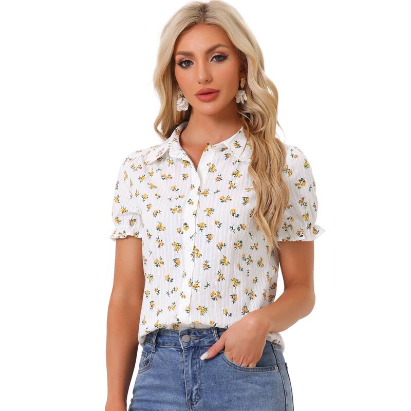 アレグラ ケー レディース トップス シャツ フラワー柄 コットン フラワー ALLEGRA K Women Floral Topeter Pan Collar Cotton Short Sleeve Shirt Yellow イエロー