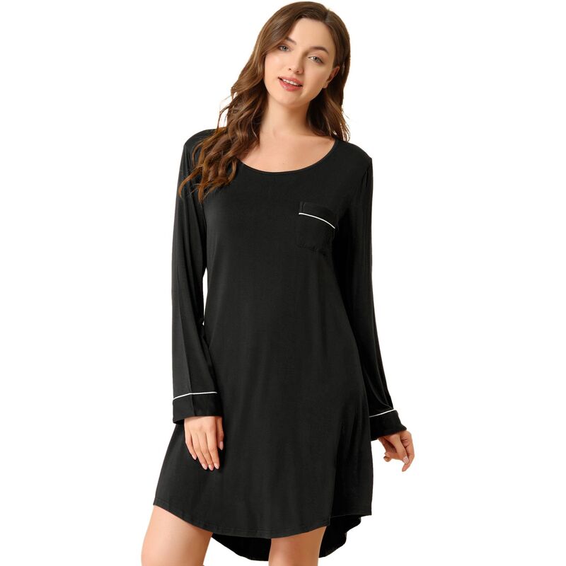 アレグラ ケー レディース アンダーウェア ナイトウェア ALLEGRA K Women's Pajama Round Neck Long Sleeve Sleepwear Soft Female Lounge Dress Black ブラック