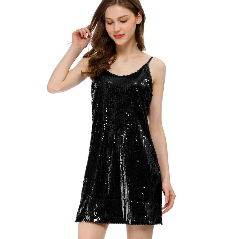 アレグラ ケー レディース トップス ワンピース ミニ スパンコール ALLEGRA K Women's Glitter Sparkle Adjustable Strapromini Sequin Dress Black ブラック