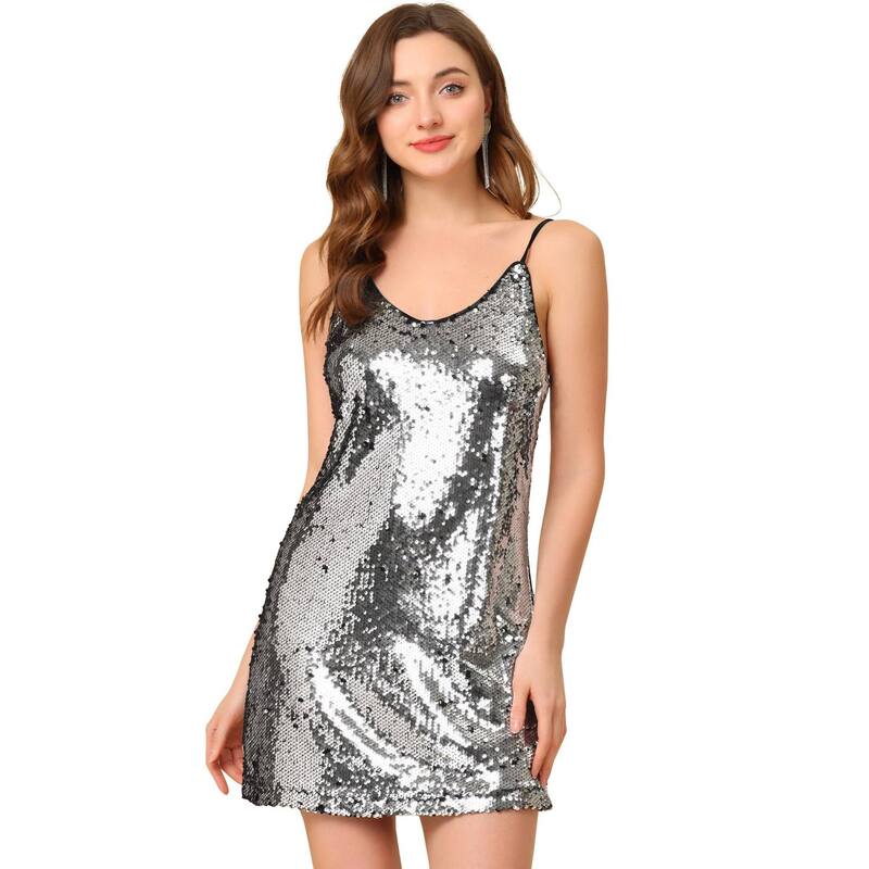アレグラ ケー レディース トップス ワンピース ミニ スパンコール ALLEGRA K Women's Glitter Sparkle Adjustable Strapromini Sequin Dressilver With Blacks シルバー