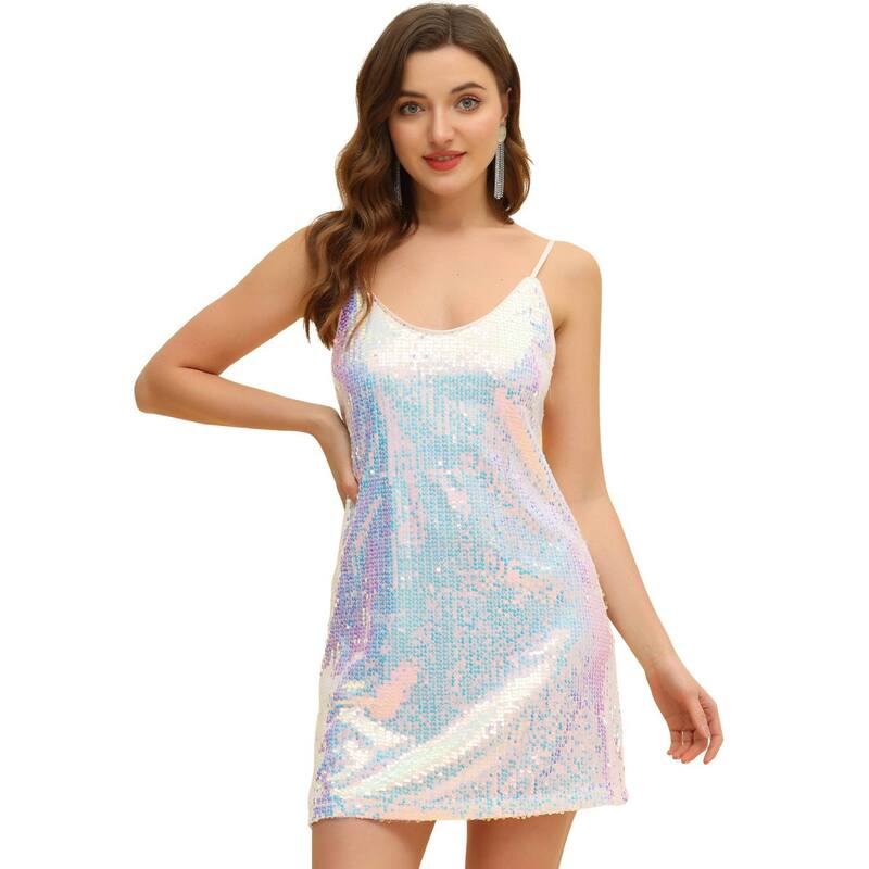 アレグラ ケー レディース トップス ワンピース ミニ スパンコール ALLEGRA K Women's Glitter Sparkle Adjustable Strapromini Sequin Dress White Blue ホワイト