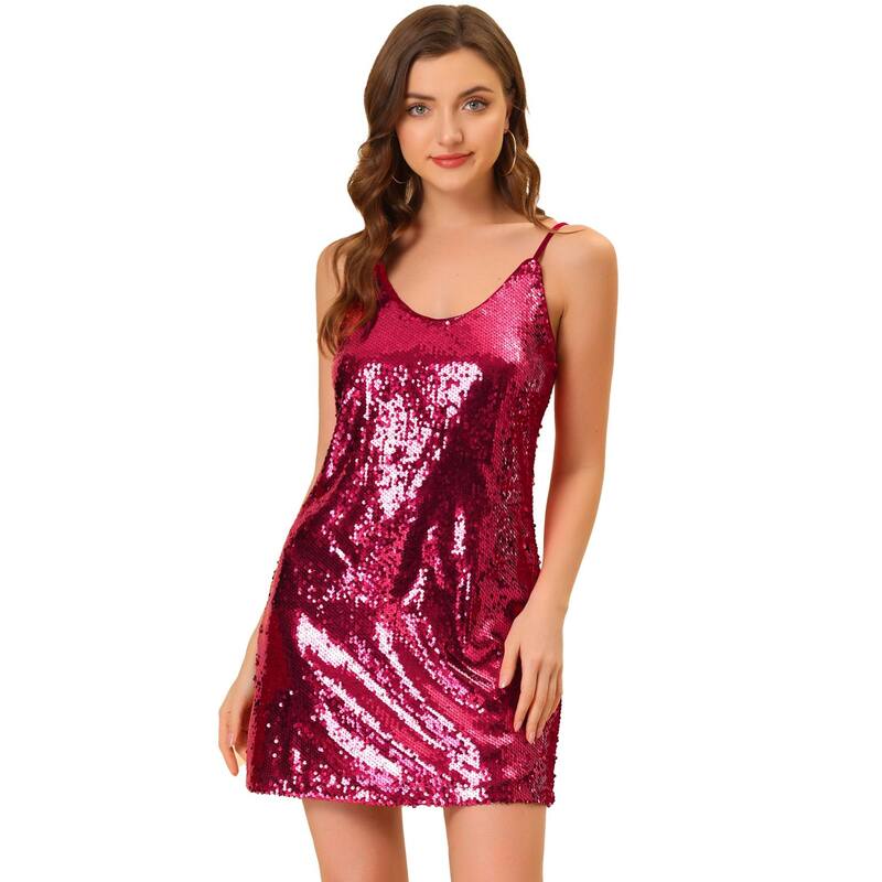 アレグラ ケー レディース トップス ワンピース ミニ スパンコール ALLEGRA K Women's Glitter Sparkle Adjustable Strapromini Sequin Dress Wine Red レッド