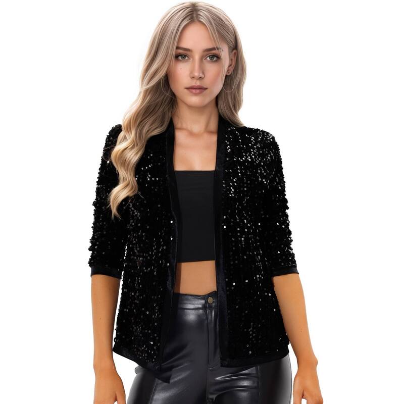 アレグラ ケー レディース アウター ジャケット・ブルゾン ベルベット スパンコール カーディガン ALLEGRA K Women'shiny Sequin Open Front Collarless 3/4 Sleevelvet Cardigan Black ブラック|ReVida 店