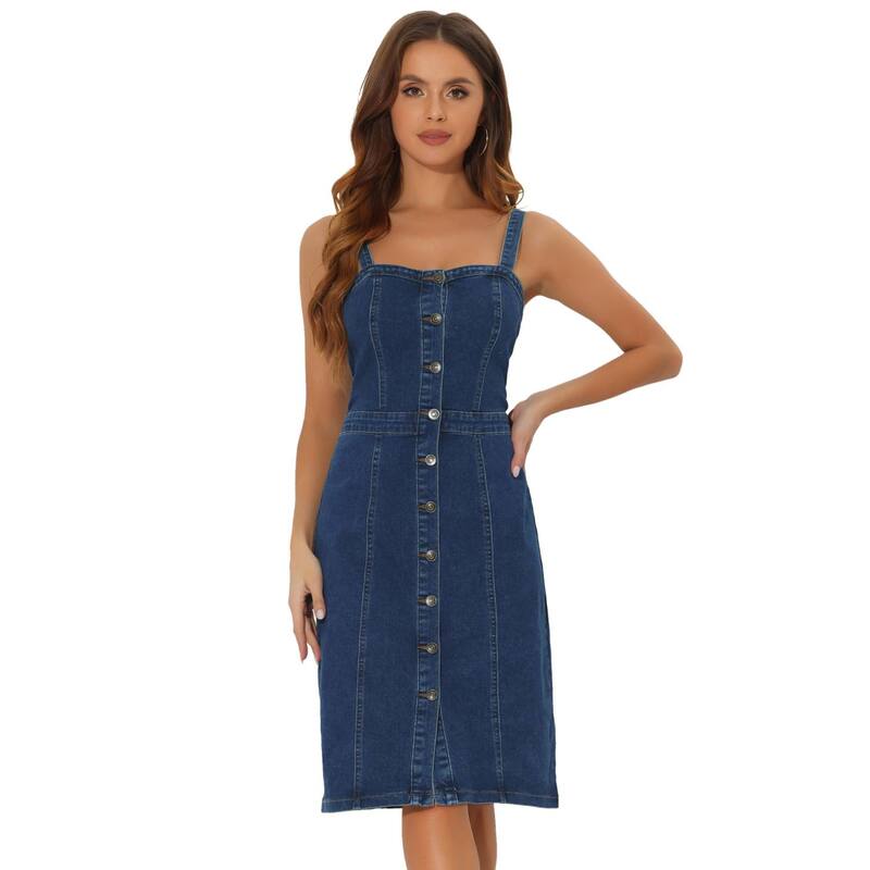 アレグラ ケー レディース トップス ワンピース ボタンダウン ノースリーブ ダウン デニム ALLEGRA K Button Down Denim Dress for Women'sleevelessweetheart Neck Jean Dresses Dark Blue ブルー