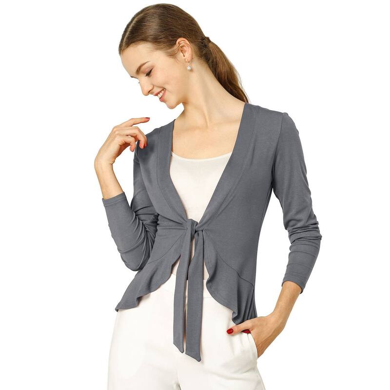 アレグラ ケー レディース アウター ニット・セーター フリル トール カーディガン ALLEGRA K Women's Tie Open Front Long Sleeve Knit Metallic Ruffled Crop Cardigan Grey グレー｜ReVida 店 9,840円