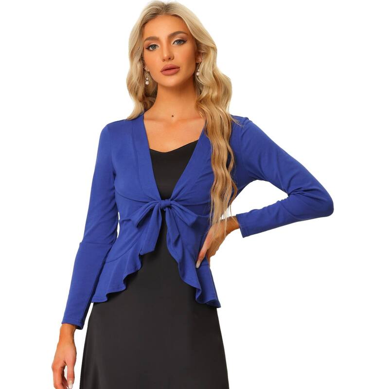アレグラ ケー レディース アウター ニット・セーター フリル トール カーディガン ALLEGRA K Women's Tie Open Front Long Sleeve Knit Metallic Ruffled Crop Cardigan Royal Blue ブルー｜ReVida 店