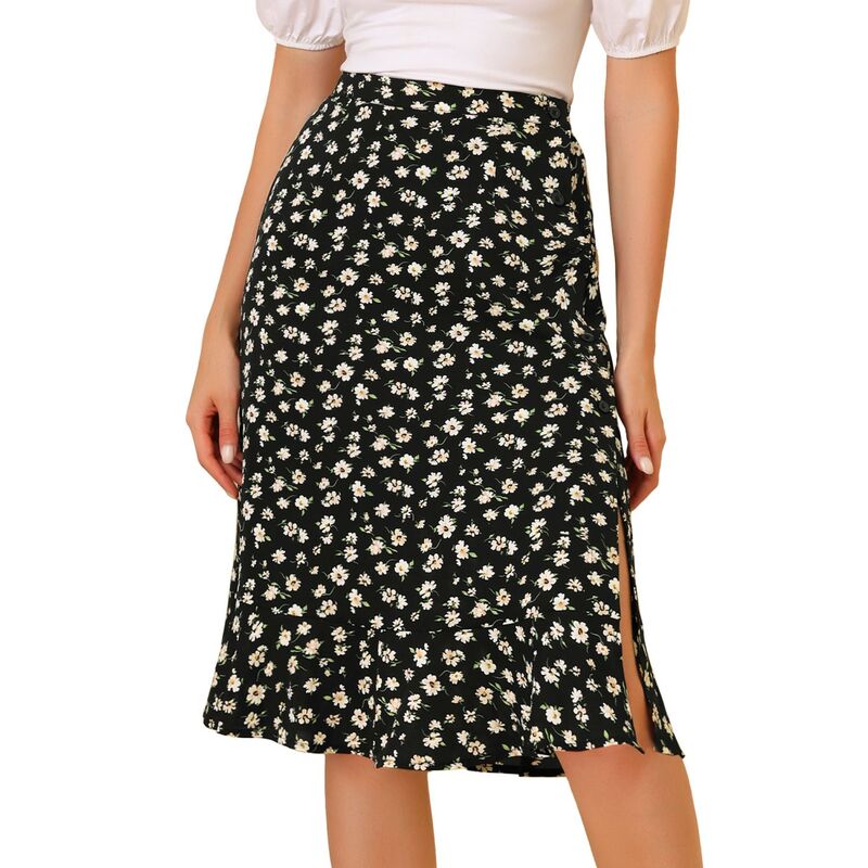アレグラ ケー レディース ボトムスカート フリル裾 フラワー柄 プリント フリル ミディ フラワー ALLEGRA K Women's Floral Prints Ruffle Hem Elastic Waist Split Midi Skirt Black ブラック