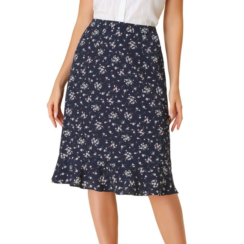 アレグラ ケー レディース ボトムスカート フリル裾 フラワー柄 プリント フリル ミディ フラワー ALLEGRA K Women's Floral Prints Ruffle Hem Elastic Waist Split Midi Skirt Dark Blue ブルー