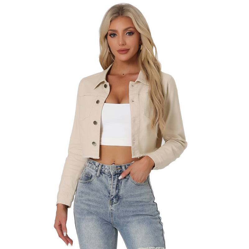アレグラ ケー レディース アウター 上衣・上衣 クロップド ジーンズ ALLEGRA K Women\u0027s Long Sleeves Button up Frayed Hem Croppedenim Jacket Beige ベージュ コート・ジャケット-レディースファッション