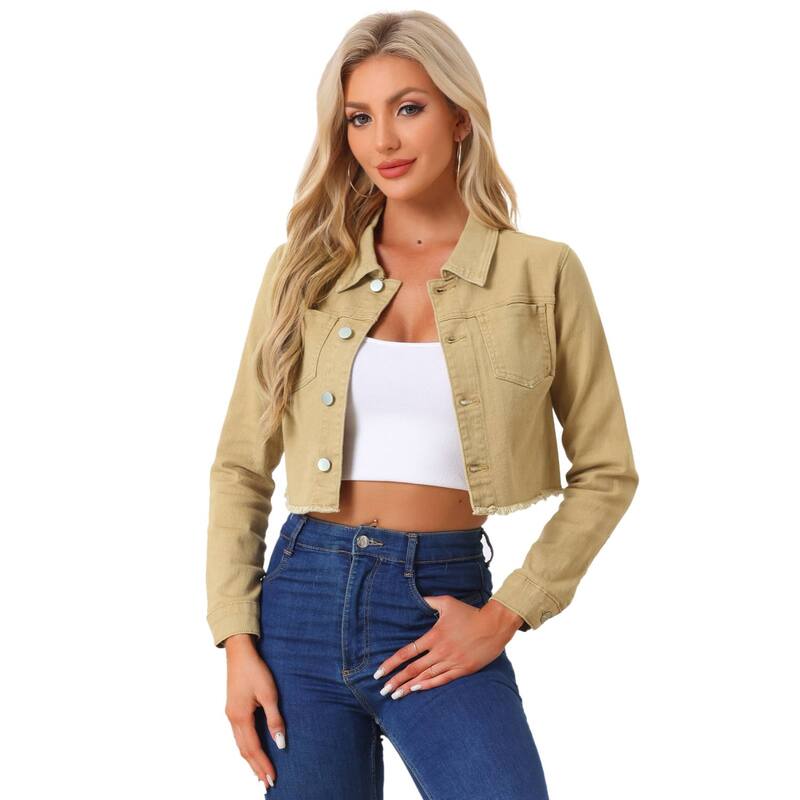 アレグラ ケー レディース アウター ジャケット・ブルゾン クロップド デニム ALLEGRA K Women's Long Sleeves Button up Frayed Hem Croppedenim Jacket Khaki カーキ