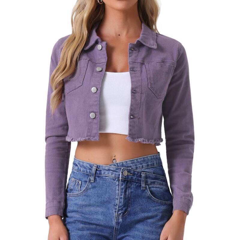 アレグラ ケー レディース アウター ジャケット・ブルゾン クロップド デニム ALLEGRA K Women's Long Sleeves Button up Frayed Hem Croppedenim Jacket Purple パープル