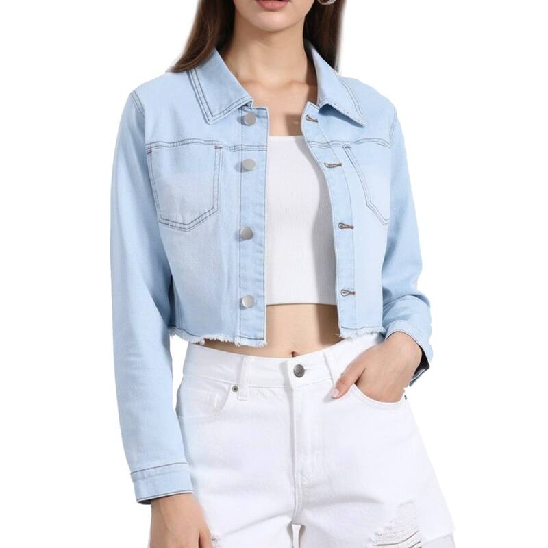 アレグラ ケー レディース アウター 上衣・上衣 クロップド ジーンズ ALLEGRA K Women\u0027s Long Sleeves Button up Frayed Hem Croppedenim Jacket Sky Blue 青色 レディースファッション-コート・ジャケット