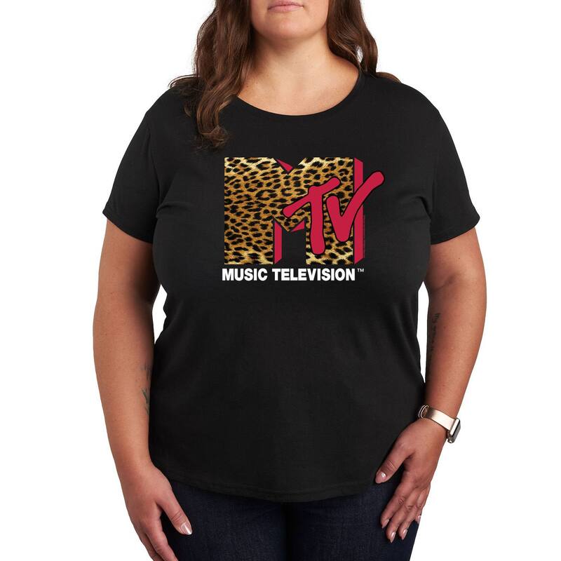 アニメキャラクター レディース トップス Tシャツ プラスサイズ プリント ロゴ Licensed Character Plusize MTV Leopard Print Logo Tee Black ブラック