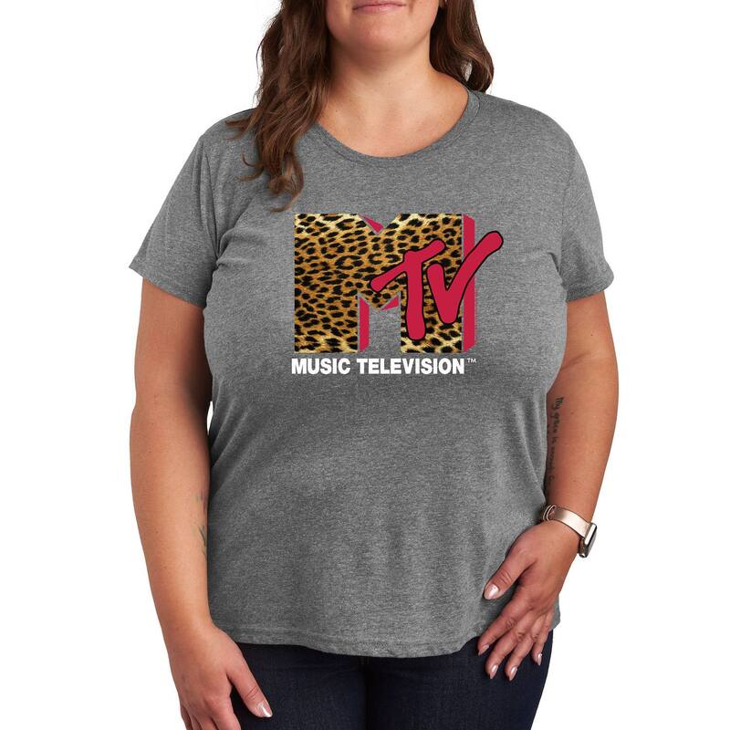 アニメキャラクター レディース トップス Tシャツ プラスサイズ プリント ロゴ Licensed Character Plusize MTV Leopard Print Logo Tee Light Gray グレー