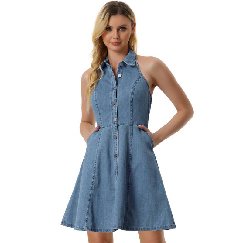 アレグラ ケー レディース トップス ワンピース ボタンダウン シャツ ダウン デニム ホルター ALLEGRA K Denim Dresses for Women's Halter Neck Button Down Shirt Dress Light Blue ブルー