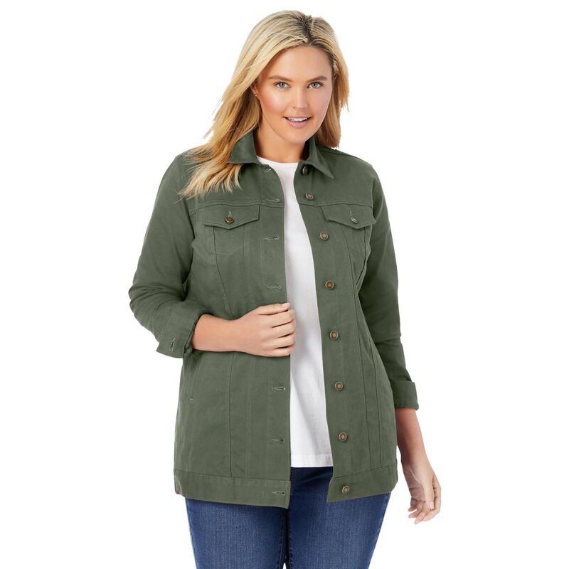 ウーマン ウィズイン レディース アウター ジャケット・ブルゾン プラスサイズ デニム Woman Within Plusize Long Stretch Denim Jean Jacket Olive Green グリーン