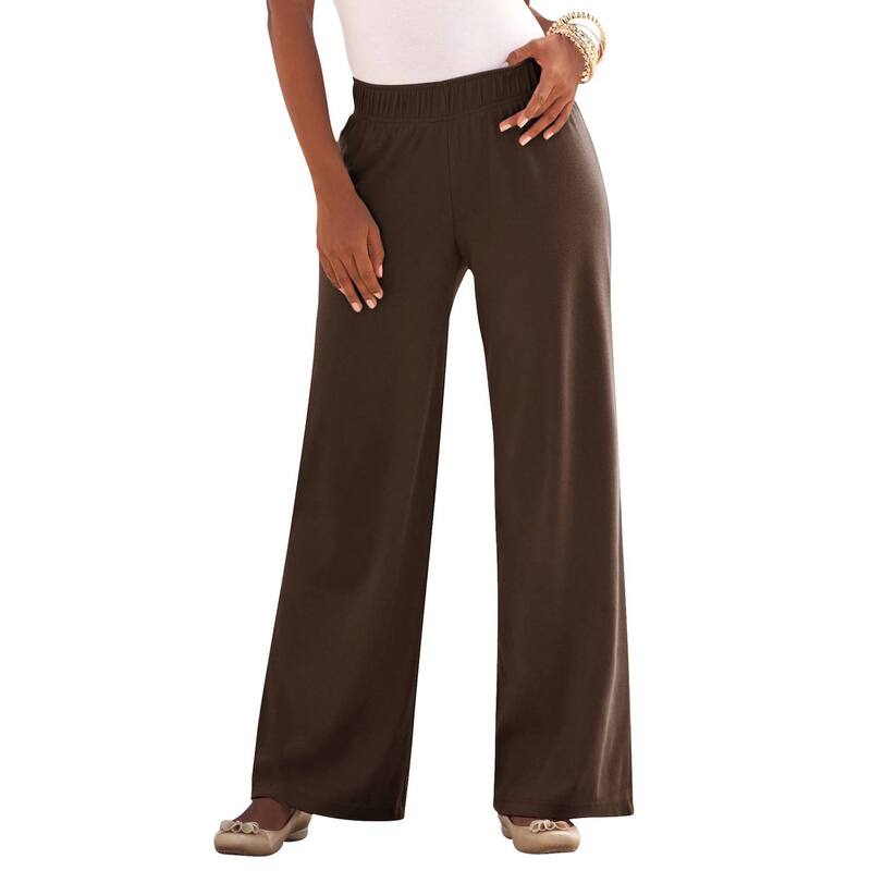 ロアマンズ レディース ボトムス カジュアルパンツ ワイドレッグ プラスサイズ ニット Roaman's Women's Plusize Pull-On Wide Leg Soft Knit Pant Chocolate チョコレート