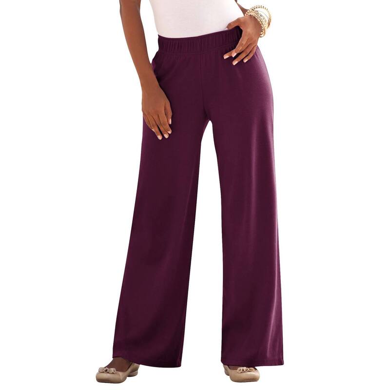 ロアマンズ レディース ボトムス カジュアルパンツ ワイドレッグ プラスサイズ ニット Roaman's Women's Plusize Pull-On Wide Leg Soft Knit Pant Dark Berry