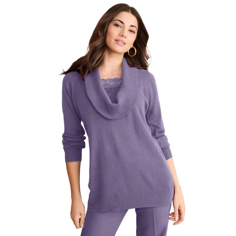 ロアマンズ レディース アウター ニット・セーター レーストリム プラスサイズ レース Roaman's Women's Plusize Lightweight Cowl Neck Sweater With Lace Trim Soft Grape グレープ