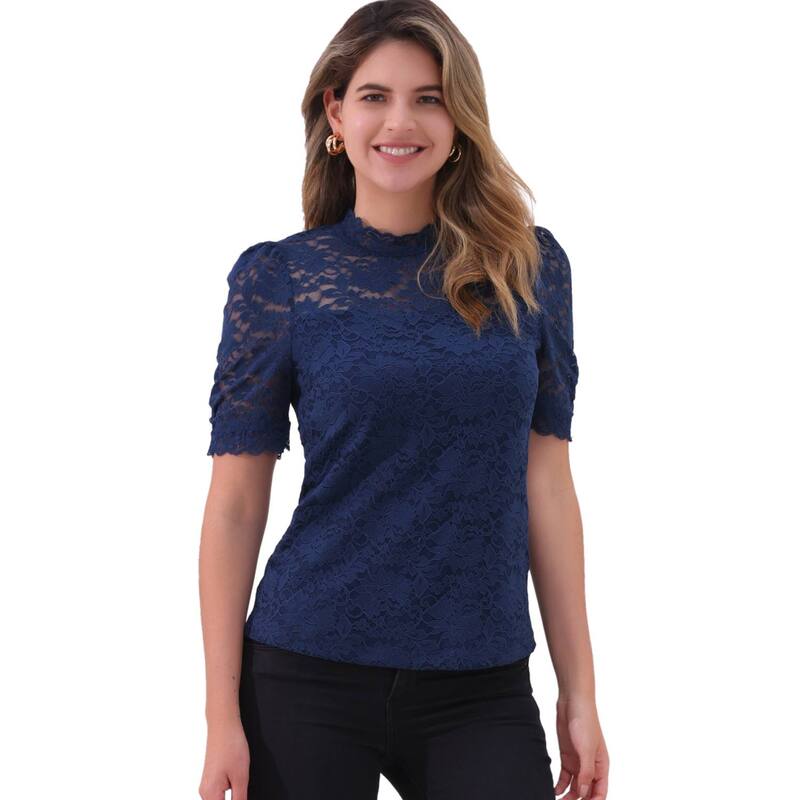アレグラ ケー レディース トップス シャツ モックネック フラワー柄 ブラウス レース フラワー ALLEGRA K Floralace Top for Women's Mock Neck Puffy Short Sleeve Dressy Elegant Lace Blouse Tops Dark Blue ブルー|ReVida 店