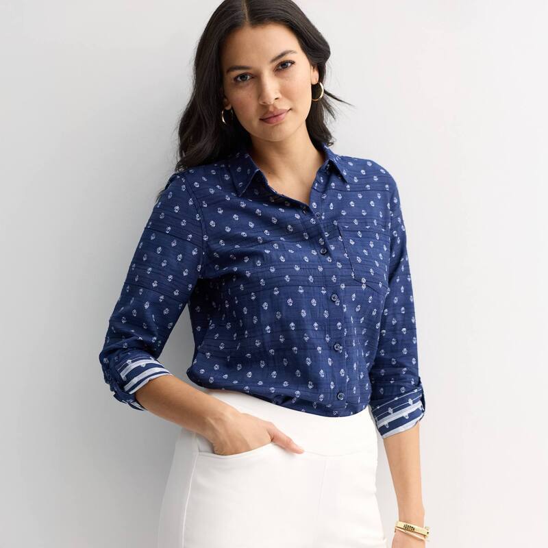 クロフト＆バロー レディース トップス シャツ プチ ブラウス Petite Croft & Barrow Long Sleeve Collared Blouse Blue Stamp Grid ブルー