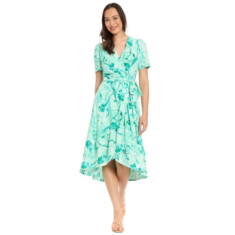 ロンドンタイムス レディース トップス ワンピース フリル Women's London Timeshort Sleeve Ruffle Wrap Dress Green Teal ティール｜ReVida 店