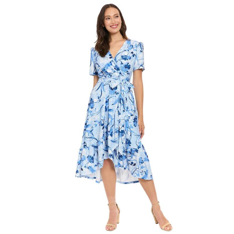 ロンドンタイムス レディース トップス ワンピース フリル Women's London Timeshort Sleeve Ruffle Wrap Dress Light Blue ブルー|ReVida 店
