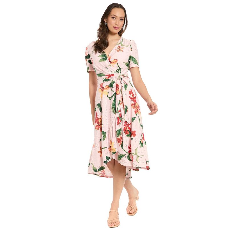 ロンドンタイムス レディース トップス ワンピース フリル Women's London Timeshort Sleeve Ruffle Wrap Dress Pink Yellow ピンク|ReVida 店
