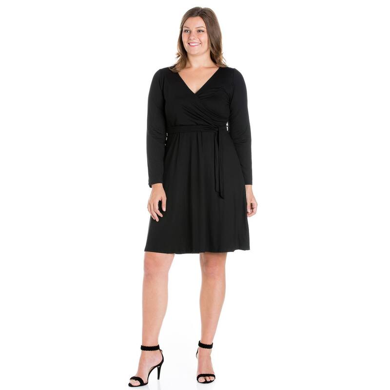 24 セブンコンフォート レディース トップス ワンピース Vネック プラスサイズ Plusize 24seven Comfort Apparel Chic V-Neck Long Sleeve Beltedress Black ブラック｜ReVida 店