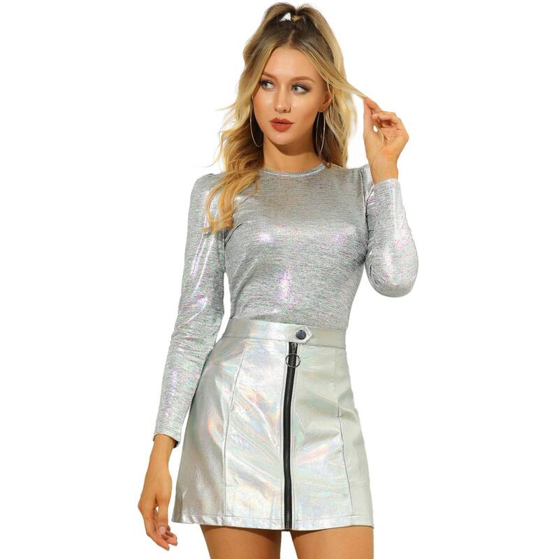 アレグラ ケー レディース トップス シャツ トール ALLEGRA K Women's Long Sleeve Sparkly Party Glitter Shiny Metallic Topshirt Black Silver ブラック
