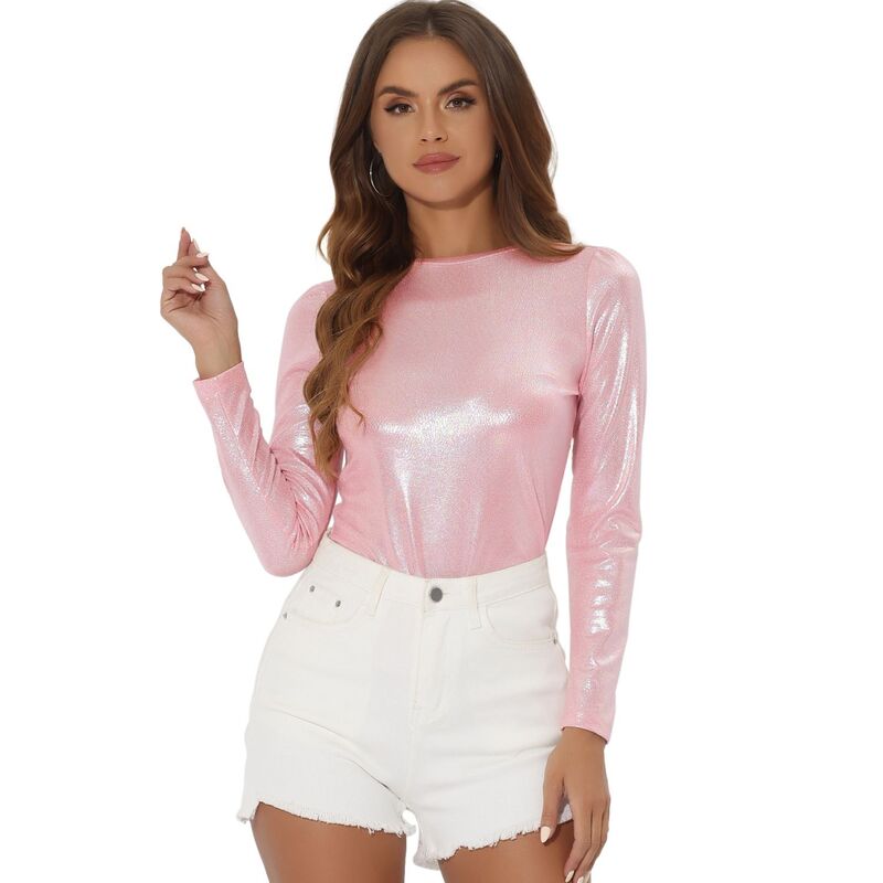アレグラ ケー レディース トップス シャツ トール ALLEGRA K Women's Long Sleeve Sparkly Party Glitter Shiny Metallic Topshirt Pink ピンク 10,980円
