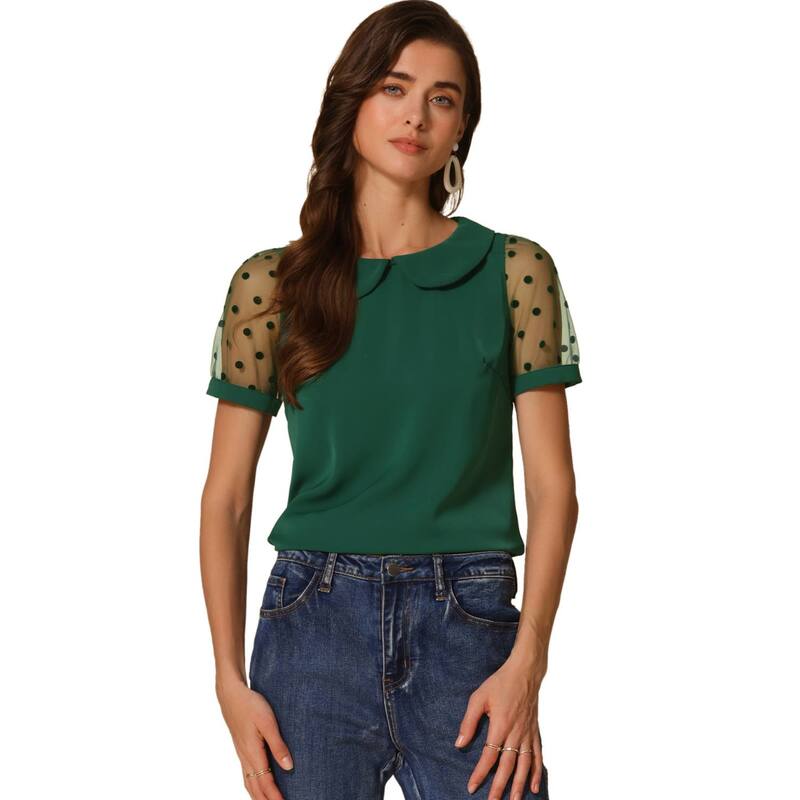 アレグラ ケー レディース トップス シャツ ヴィンテージ ドット メッシュ ブラウス ALLEGRA K Women's Peter Pan Collar Top Short Sleeve Vintage Polka Dots Mesh Sleeve Blouse Dark Green グリーン