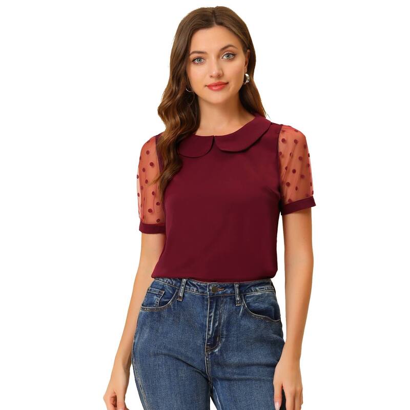 アレグラ ケー レディース トップス シャツ ヴィンテージ ドット メッシュ ブラウス ALLEGRA K Women's Peter Pan Collar Top Short Sleeve Vintage Polka Dots Mesh Sleeve Blouse Wine Red レッド|ReVida 店