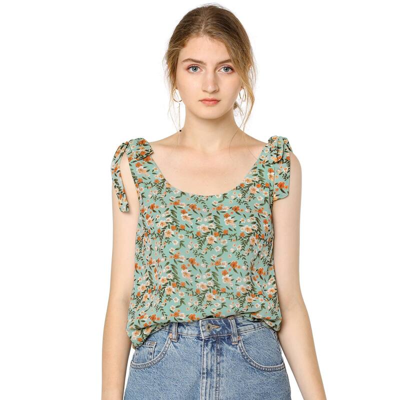 アレグラ ケー レディース トップス Tシャツ フラワー柄 ブラウス フラワー ALLEGRA K Women'summer Floral Blouse Bow Tie Decor Casual Tank Tops Green グリーン|ReVida 店