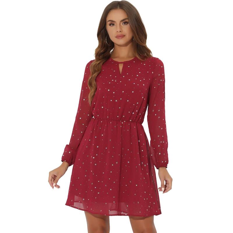 アレグラ ケー レディース トップス ワンピース Vネック A ライン ALLEGRA K Women's Choker V Neck Long Sleeves Above Knee A Line Dress Dark Red Stars レッド｜ReVida 店