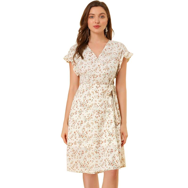 アレグラ ケー レディース トップス ワンピース Vネック フラワー柄 フリル ミディ フラワー ALLEGRA K Women\'s Floral V Neck Ruffled Flutter Sleeve Belt Wrap Midi Dress Beige Apricot Floral アプリコット｜ReVida 店