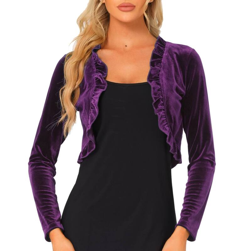 アレグラ ケー レディース アウター 上衣・上衣 天鵞絨 ジレー クロップド 編み物 ALLEGRA K Women\u0027s Knit Velvet Open Front Long Sleeveshrug Cropped Cardigan Purple パープル