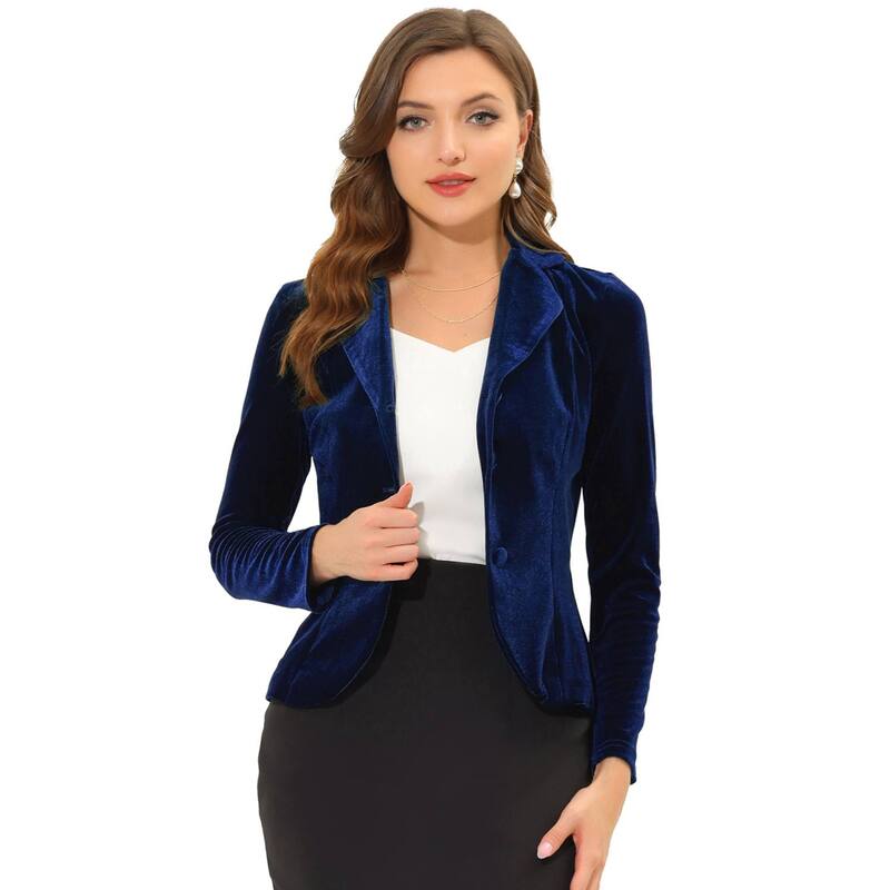 アレグラ ケー レディース アウター ジャケット・ブルゾン ベルベット ブレザー ALLEGRA K Women's Notched Lapelong Sleeve Button Velvet Blazer Dark Blue ブルー|ReVida 店