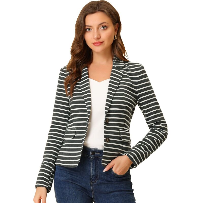 アレグラ ケー レディース アウター ジャケット・ブルゾン ブレザー ALLEGRA K Women's Notched Lapelong Sleeves Button Striped Blazer Grey White ホワイト｜ReVida 店