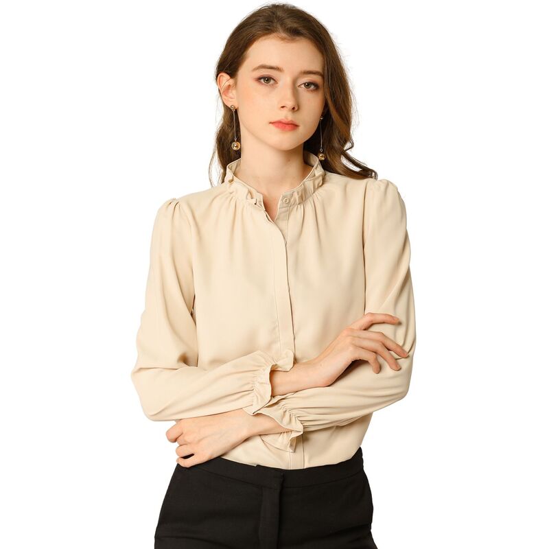 アレグラ ケー レディース トップス シャツ ボタンダウン フリル ダウン ブラウス ALLEGRA K Women's Ruffled Trim Button Down Stand Collar Long Sleeve Blouse Top Apricot アプリコット