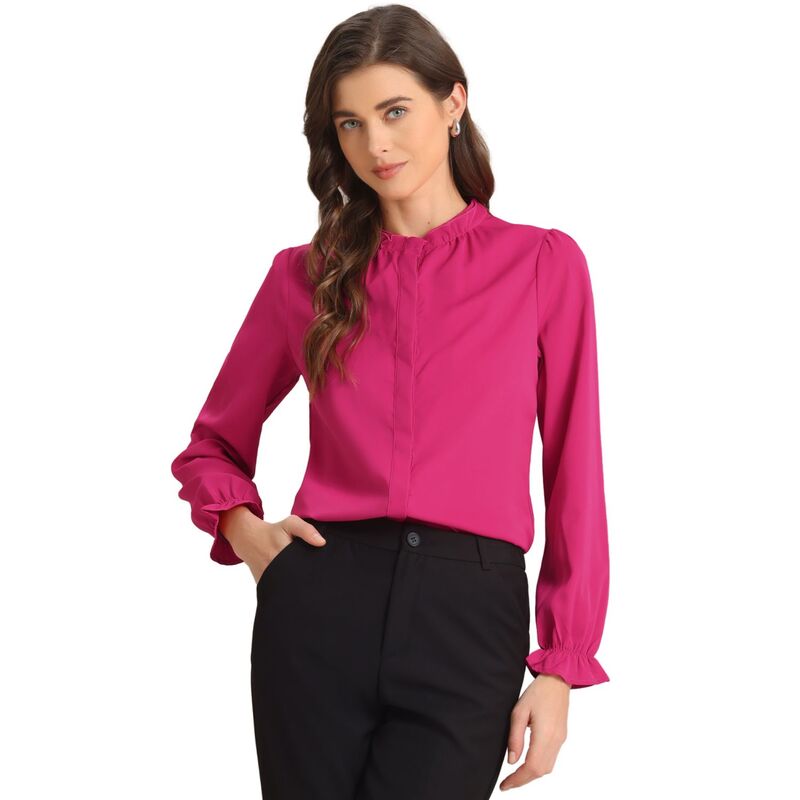 アレグラ ケー レディース トップス シャツ ボタンダウン フリル ダウン ブラウス ALLEGRA K Women's Ruffled Trim Button Down Stand Collar Long Sleeve Blouse Top Hot Pink ピンク