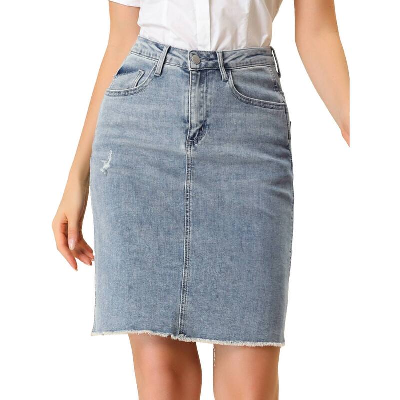 アレグラ ケー レディース ボトムスカート ひざ丈 ハイウエスト デニム ALLEGRA K Women's Distressed High Waist Ripped Hem Knee Length Denim Skirt Blue ブルー