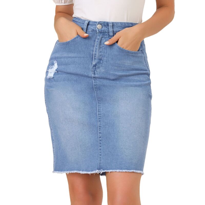 アレグラ ケー レディース ボトムスカート ひざ丈 ハイウエスト デニム ALLEGRA K Women's Distressed High Waist Ripped Hem Knee Length Denim Skirt Sky Blue ブルー