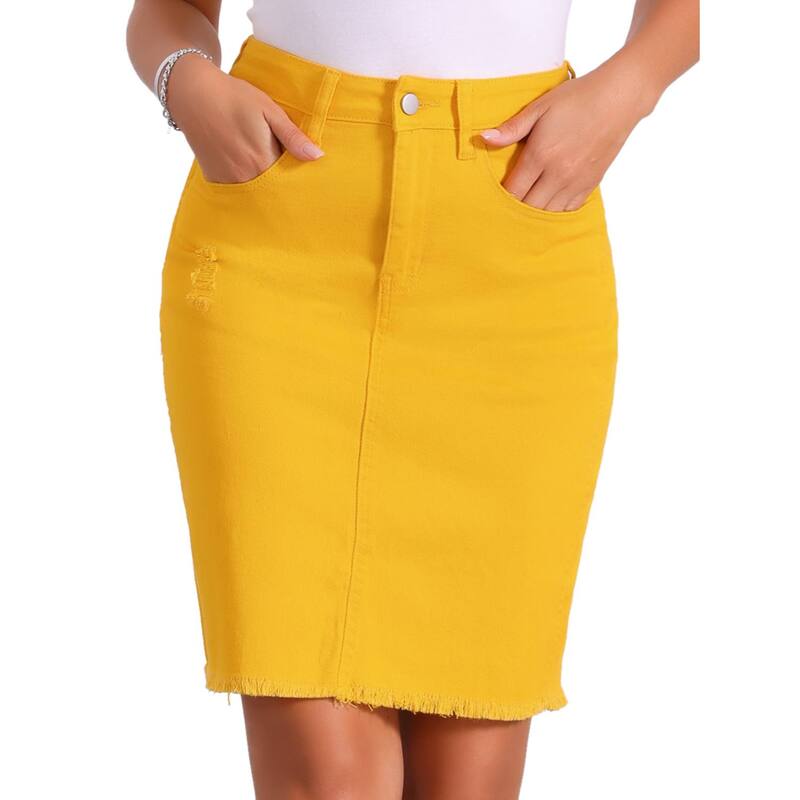 アレグラ ケー レディース ボトムスカート ひざ丈 ハイウエスト デニム ALLEGRA K Women's Distressed High Waist Ripped Hem Knee Length Denim Skirt Yellow イエロー