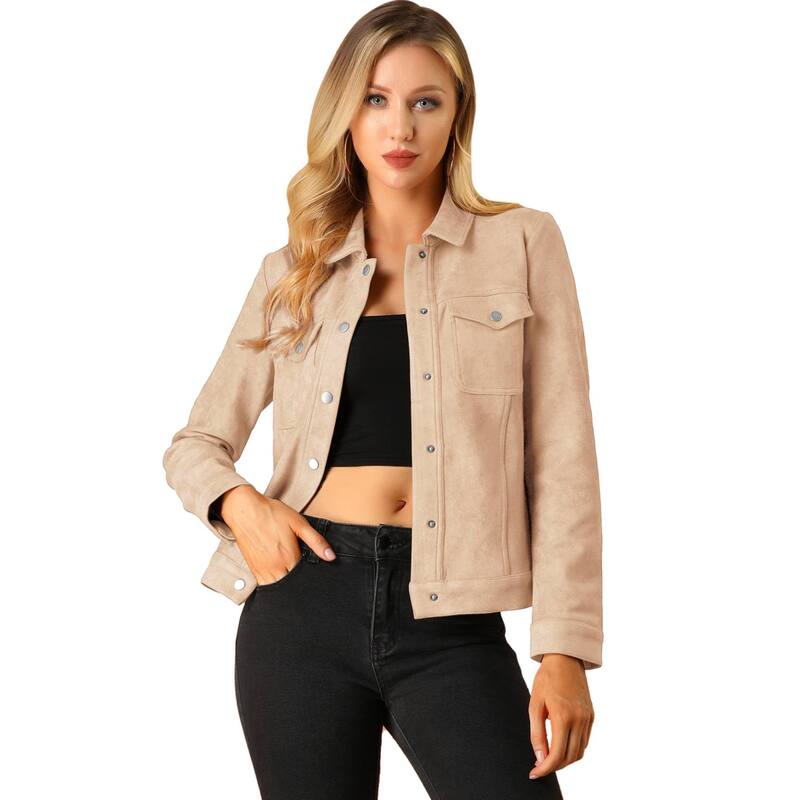 アレグラ ケー レディース アウター ジャケット・ブルゾン スエード ALLEGRA K Women's Jackets Long Sleeve Faux Suede Trucker Motorcycle Jacket Apricot Pink ピンク