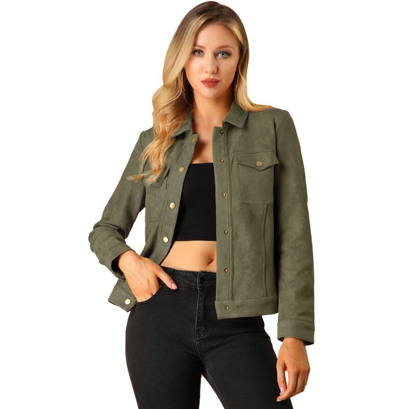アレグラ ケー レディース アウター ジャケット・ブルゾン スエード ALLEGRA K Women's Jackets Long Sleeve Faux Suede Trucker Motorcycle Jacket Army Green グリーン